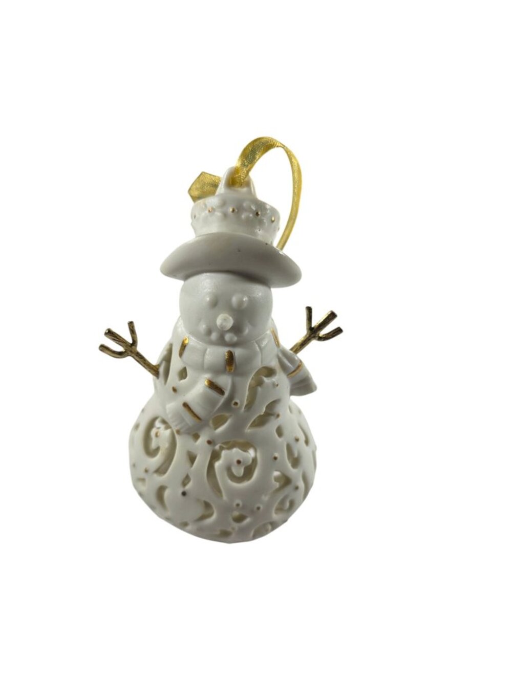 Wedgwood White Ceramic Snowman Ornament Gold Accents Ribbon Loop Christmas